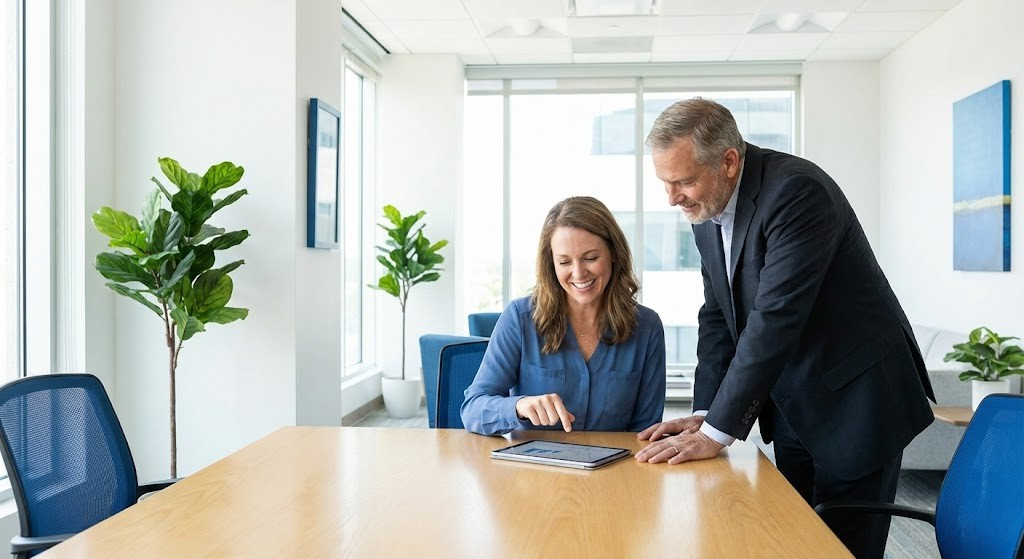 Asesoramiento financiero presencial en oficina moderna